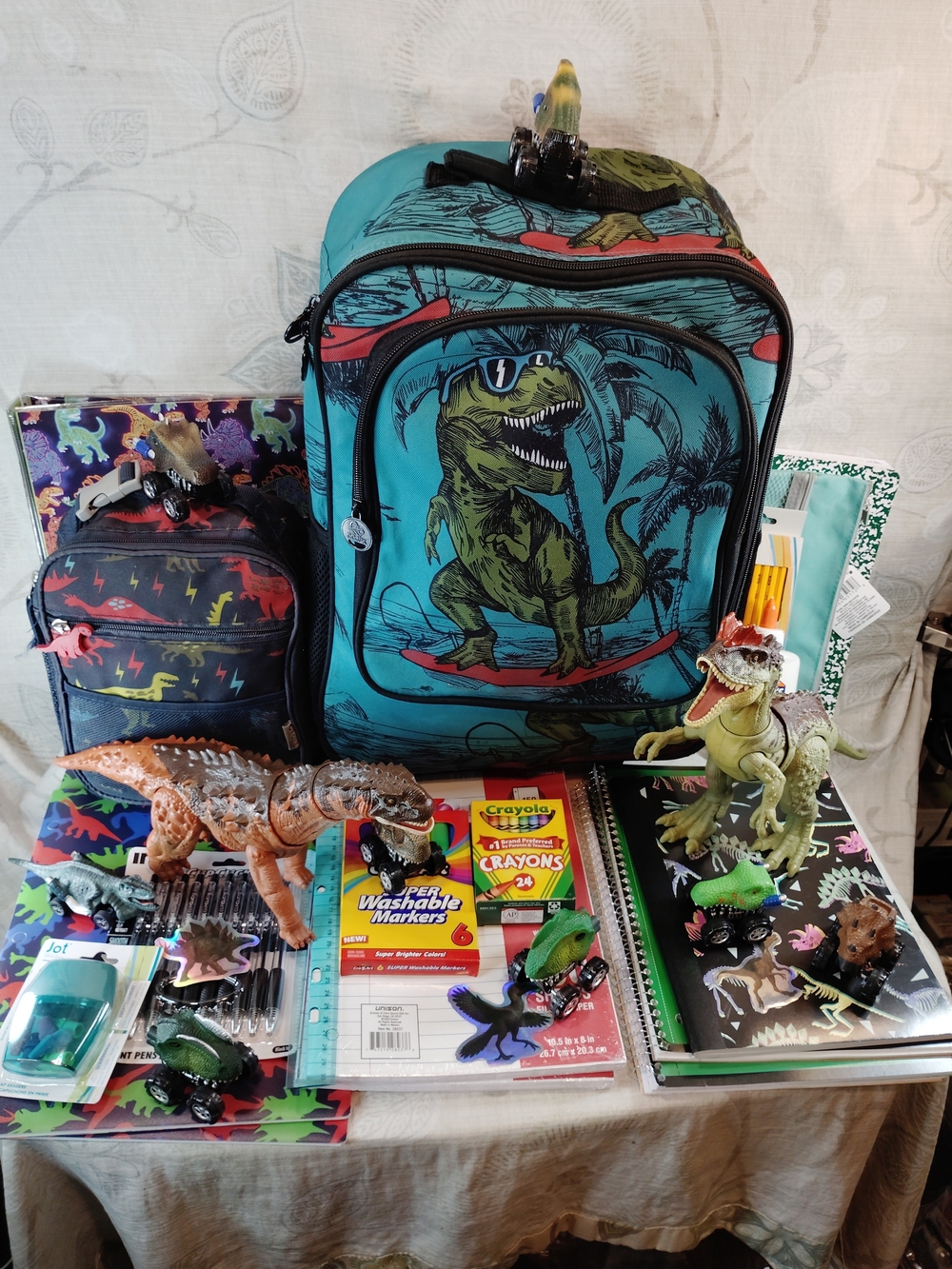 Kids Dinosaur TRex Rolling Bookbag/ Luggage & Lunch Tote w/School Supplies &Toys